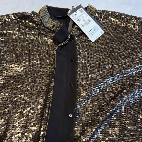 Zara Limited Edition Metallic Gold Sequin Beaded Button Up Blouse Womens Size M - Picture 15 of 15